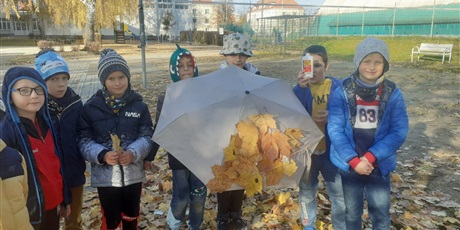 Powiększ grafikę: Dzieci bawią się parasolką i liśćmi.